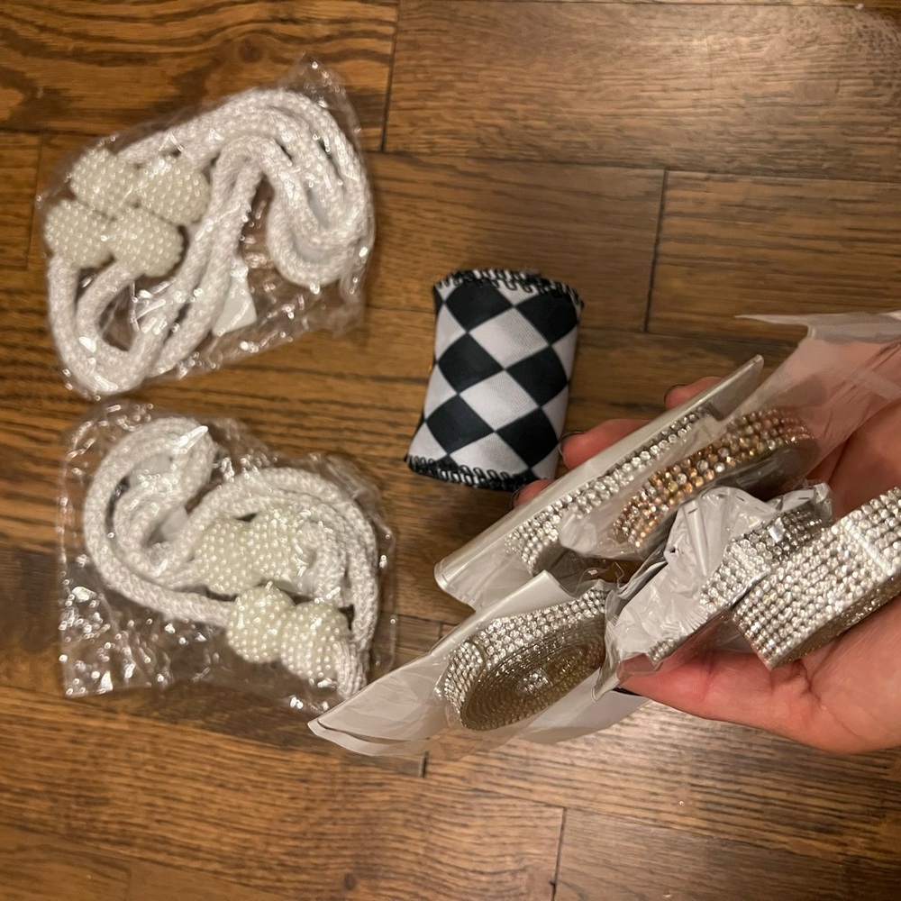 Crafts grab bag: rhinestone tape, pearl ties, ribbon